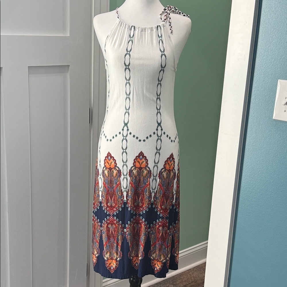 Chic White and Navy Chain Print Lascana Midi Dress. Size 8